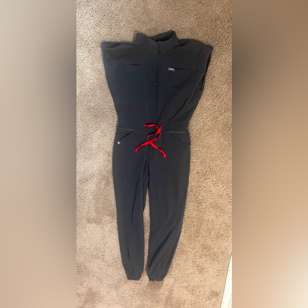 Figs Charcoal Jumpsuit with Red Drawstring